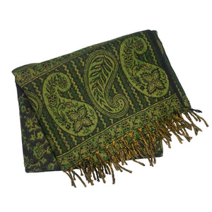 Oversized Shawl, Blanket Scarf - Green and Black Paisley