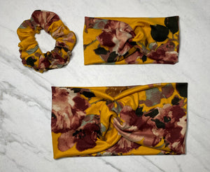 Headband with buttons for face mask - Floral on Mustard - knotted top - Turban style - button headband for healthcare workers, nurses, essential workers