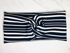 Headband with buttons for face mask - Navy & White Stripes - knotted top - Turban style - button headband for healthcare workers, nurses, essential workers