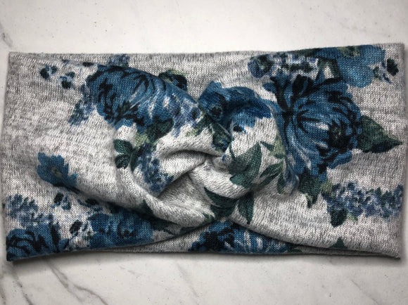 Headband with buttons for face mask - Blue Floral Sweater - knotted top - Turban style - button headband for healthcare workers, nurses, essential workers