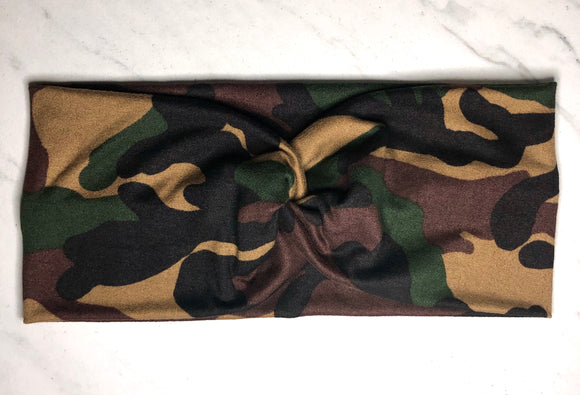Headband with buttons for face mask - Camouflage Print - knotted top - Turban style - button headband for healthcare workers, nurses, essential workers