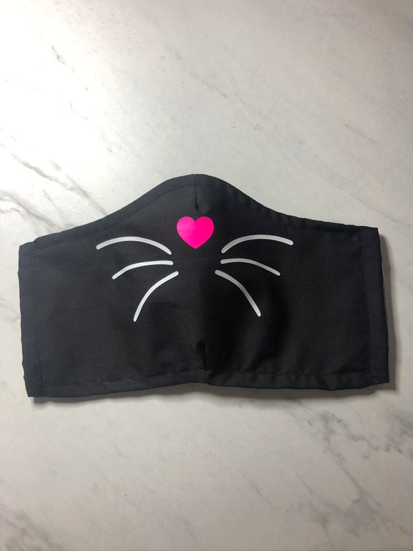 Face mask - Kitty - eco friendly, reusable, custom design, pocket for filter, washable, breathable cotton - cute - whiskers- heart