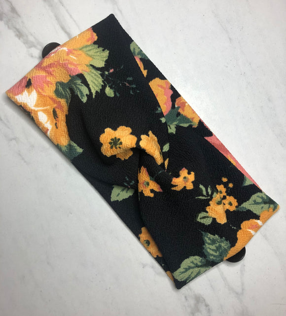 Headband with buttons for face mask - Mustard Floral Print - knotted top - Turban style - button headband for healthcare workers, nurses, essential workers