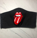 Face mask, ROCK and ROLL, lips and tongue, unisex, mouth, Eco friendly, reusable, custom,pocket for filter, washable, breathable cotton, black