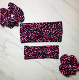 Headband with buttons for face mask - Neon Pink Leopard Print - knotted top - Turban style - button headband for healthcare workers, nurses, essential workers