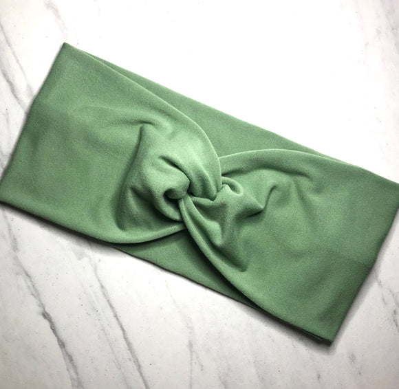 Headband with buttons for face mask - Sage/Pistachio - knotted top - Turban style - button headband for healthcare workers, nurses, essential workers